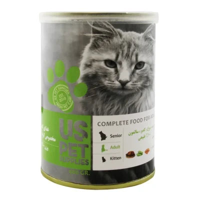 کنسرو پته گربه بالغ یو اس پت با طعم مرغ، کدو سبز و ماهی سالمون – 400 گرم