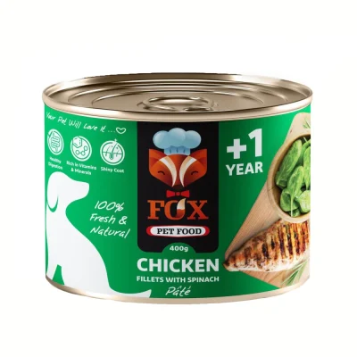 کنسروسگ بالغ فاکس با طعم فیله ی مرغ و اسفناج – 500 گرم