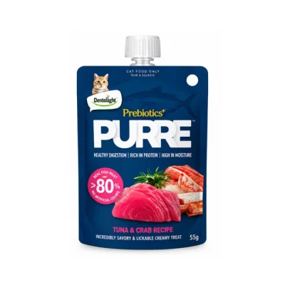 تشویقی کرمی گربه دنتالایت پوره پروبیوتیک با طعم ماهی تن و خرچنگ – 55 گرم