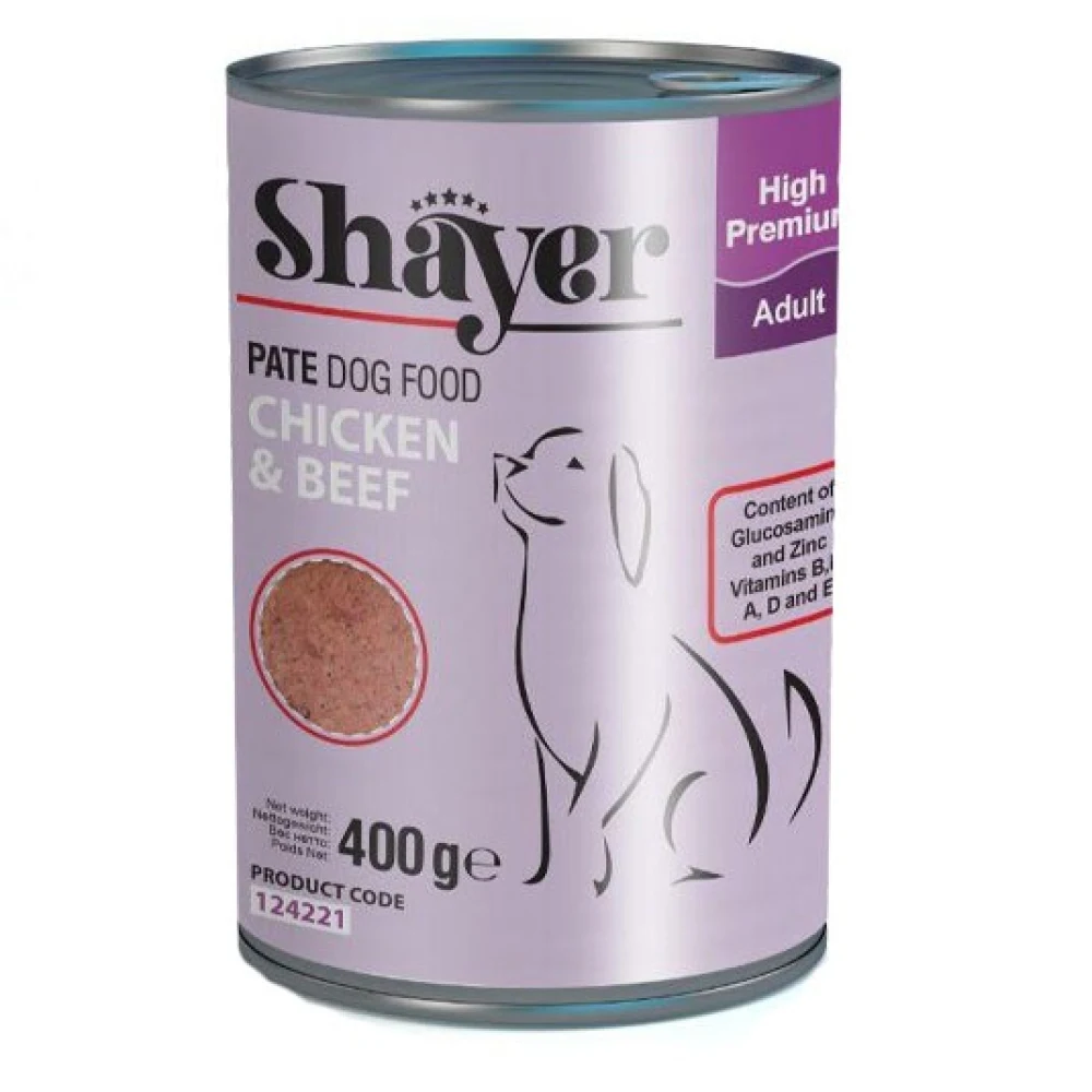 rtfk3hvb.jpg کنسرو سگ بالغ شایر با طعم مرغ و گوشت گاو – 400 گرم