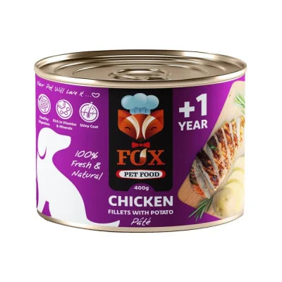 کنسروسگ بالغ فاکس با طعم فیله ی مرغ و سیب زمینی – 500 گرم