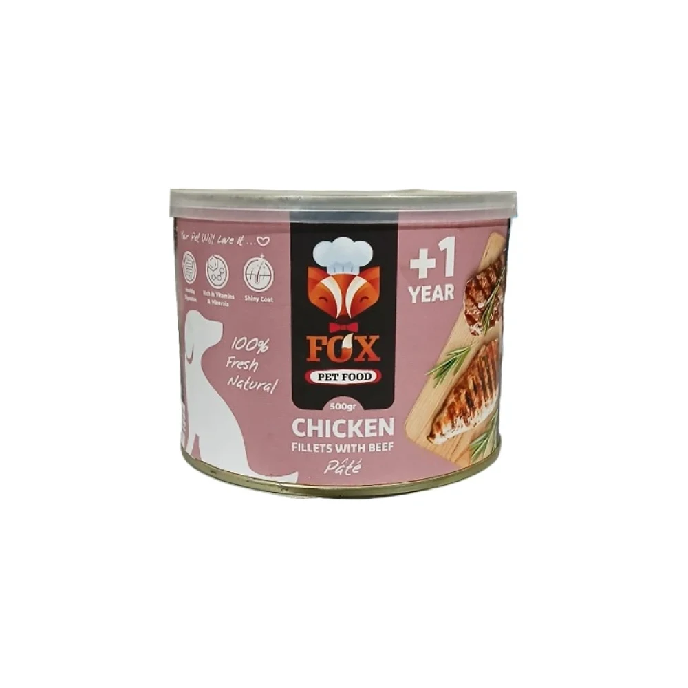 tscpqyjw-1.webp کنسرو پته سگ فاکس با طعم فیله مرغ و بیف – 500 گرم